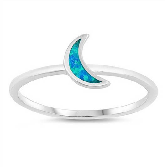 Blue Lab Opal Crescent Moon Ring on a white background.