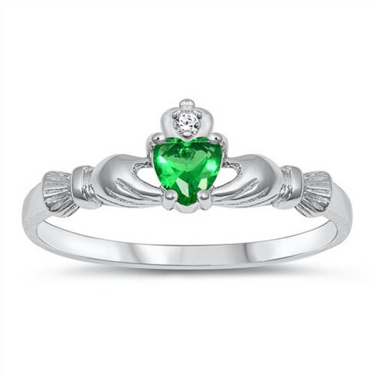 Small Emerald CZ Claddagh Ring on a white background.
