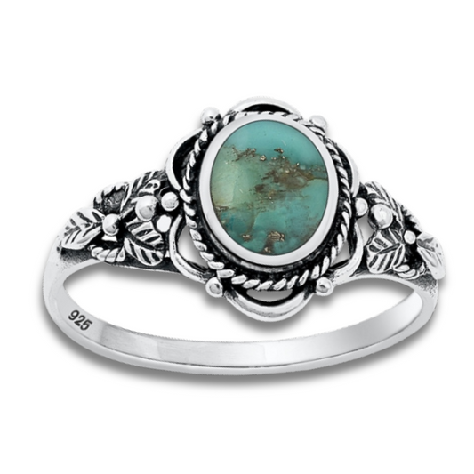 Turquoise Floral Detail Silver Ring on a white background.