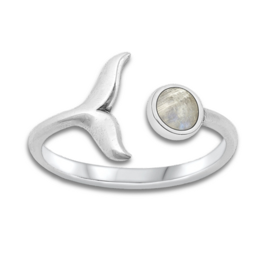 Whale Tail Moonstone Ring on a white background.