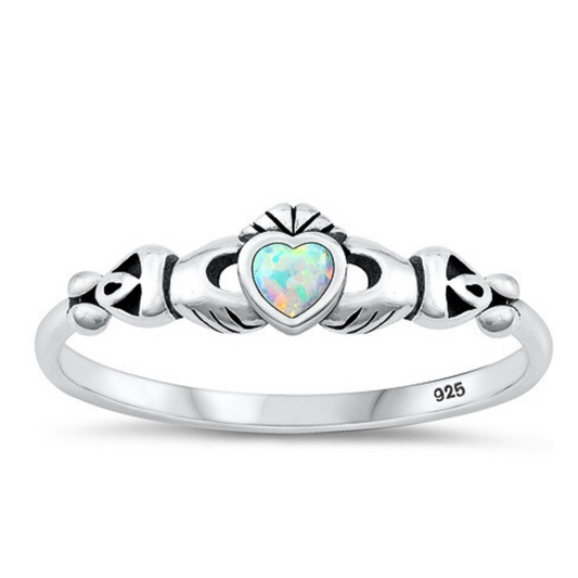 White Opal Tiny Claddagh Ring on a white background.