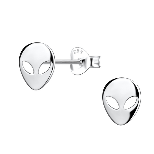Alien silver earrings on a white background.