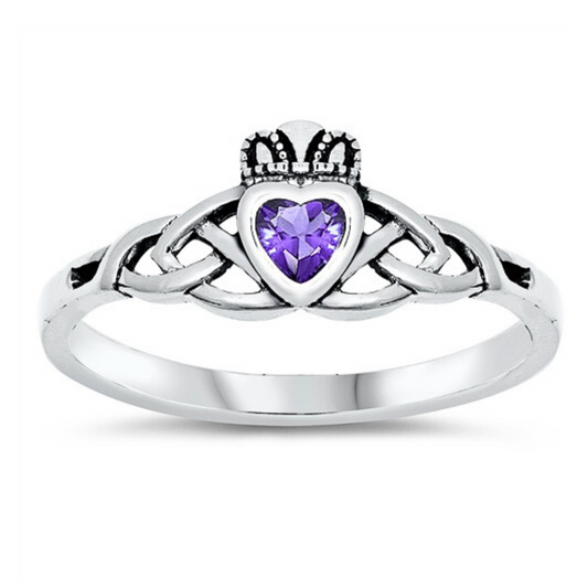 Amethyst CZ Celtic Knot Claddagh Ring on a white background.