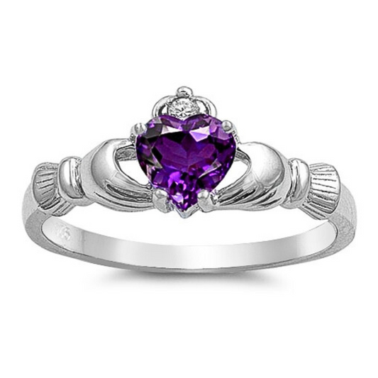 Amethyst CZ Claddagh Ring on a white background.