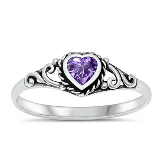 Amethyst CZ Heart Ring with Detail on a white background.