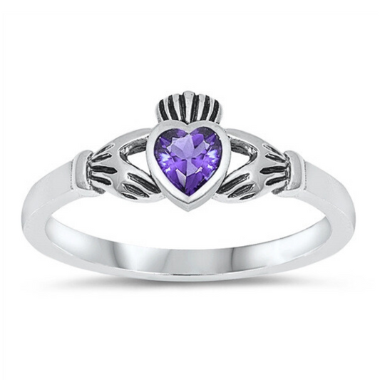 Amethyst CZ Small Claddagh Ring on a white background.