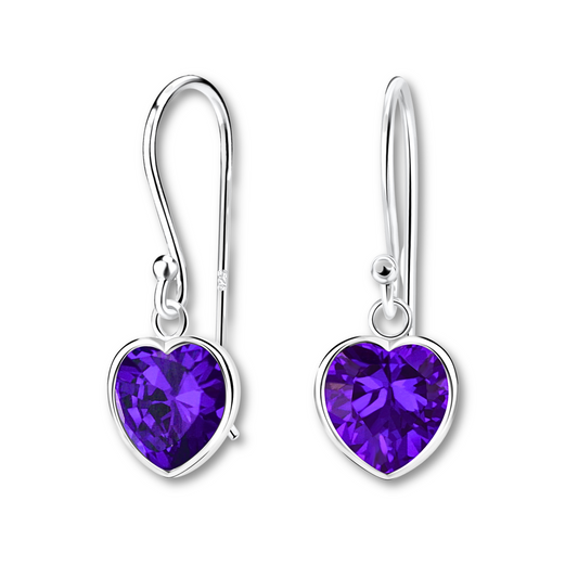 Amethyst Heart CZ Earrings on a white background.