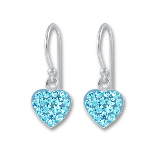 Aqua CZ Pave Heart Earrings on a white background.