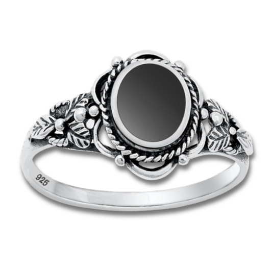Black Onyx Floral Detail Ring on a white background.