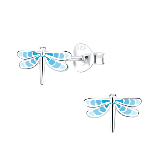 Blue Dragonfly Earrings on a white background.