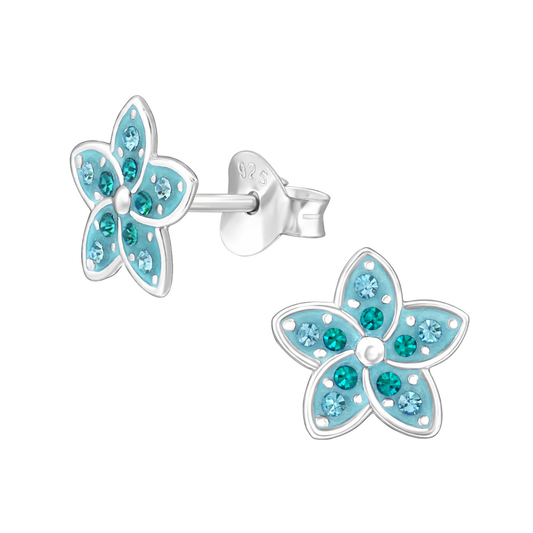 Blue Flower CZ Crystal Earrings on a white background.