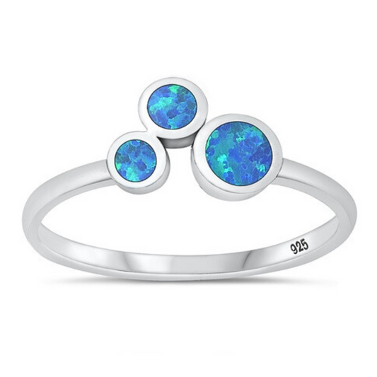 Blue Lab Opal 3 Stone Ring on a white background.