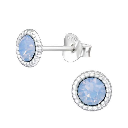 Blue Pacific Opal Crystal Earrings on a white background.