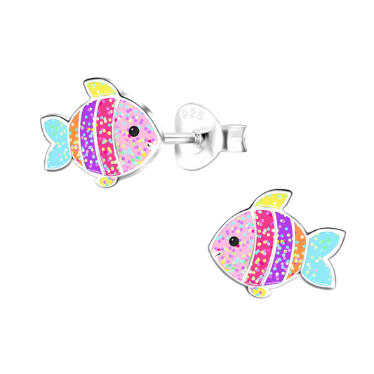 Colorful Fish Earrings on a white background.