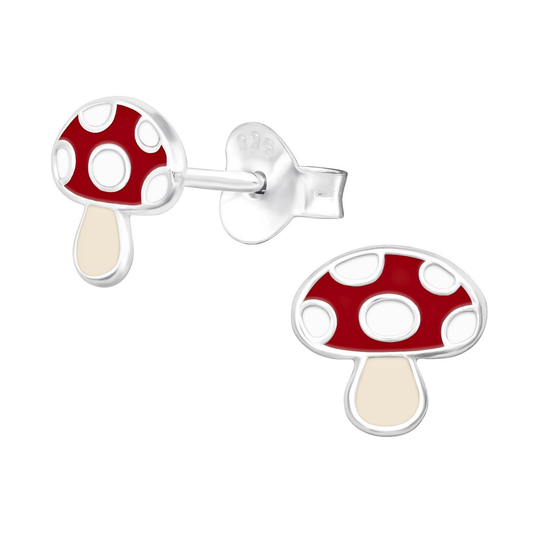 Colorful Mushroom Earrings on a white background.
