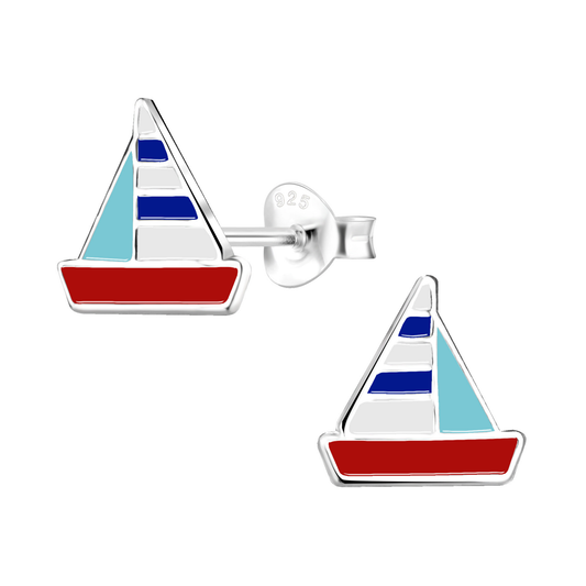 Colorful Sailboat Earrings on a white background.