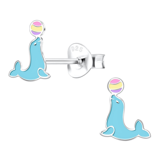 Colorful Seal Earrings on a white background.