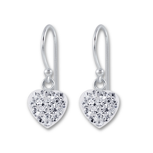 Crystal CZ Pave Heart Earrings on a white background.