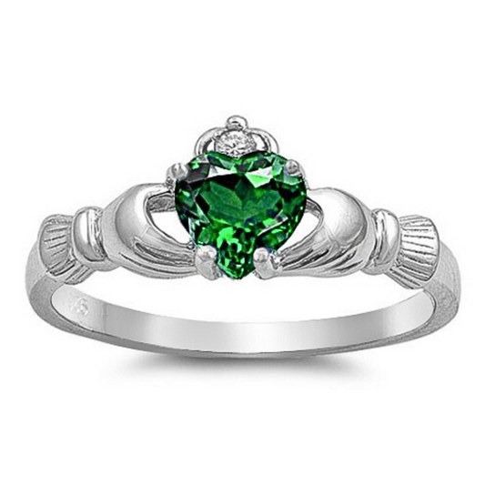 Emerald CZ Claddagh Ring on a white background.