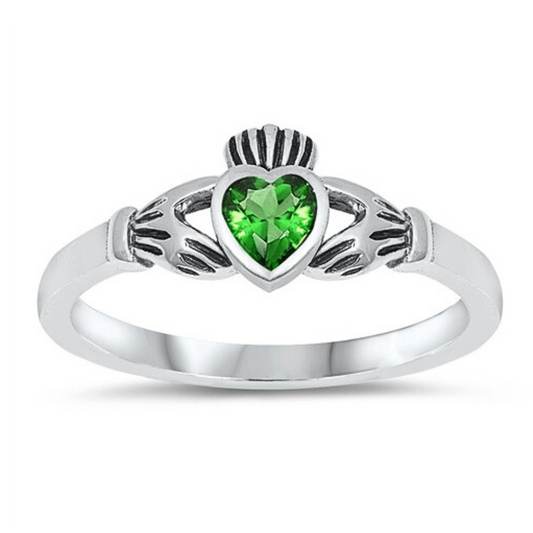 Emerald CZ Small Claddagh Ring on a white background.