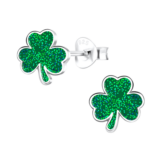 Green Shamrock Earrings on a white background.