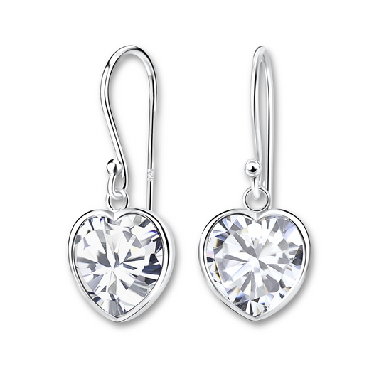 Large Crystal Heart CZ Silver Earrings on a white background.