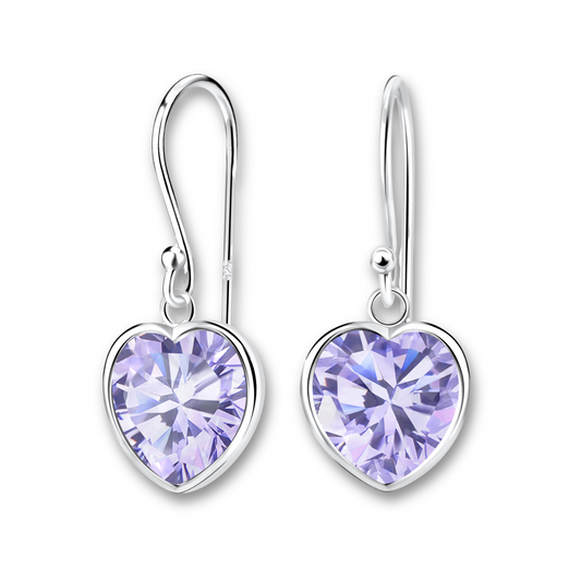 Large Lilac Heart CZ Silver Earrings on a white background.