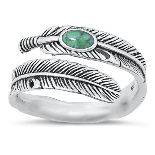 Large Turquoise Feather Wrap Ring on a white background.