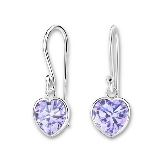 Lilac Heart CZ Earrings on a white background.