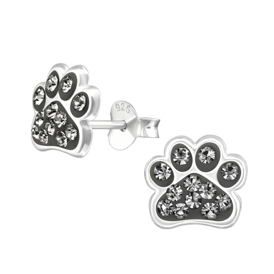 Paw Print Black Diamond CZ Earrings on a white background.