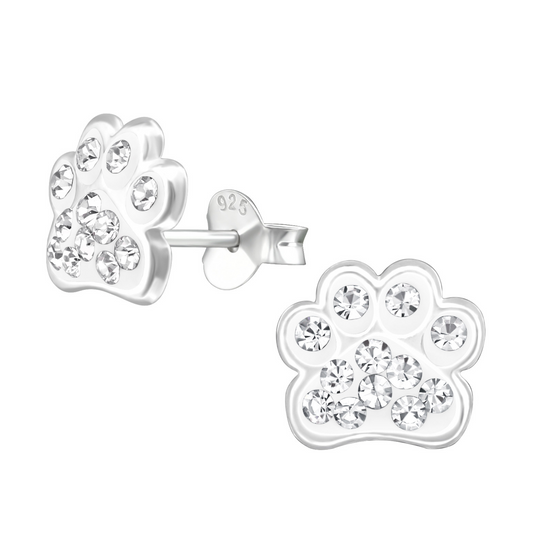 Paw Print Clear CZ Earrings on a white background.