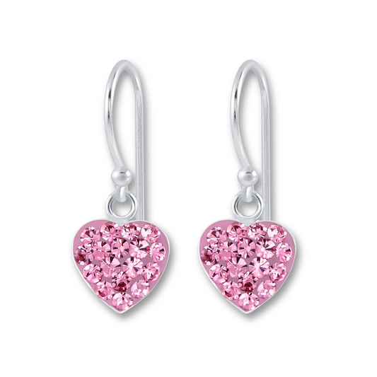 Pink CZ Pave Heart Earrings on a white background.