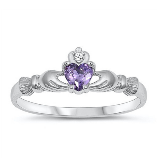 Small Amethyst CZ Claddagh Ring on a white background.