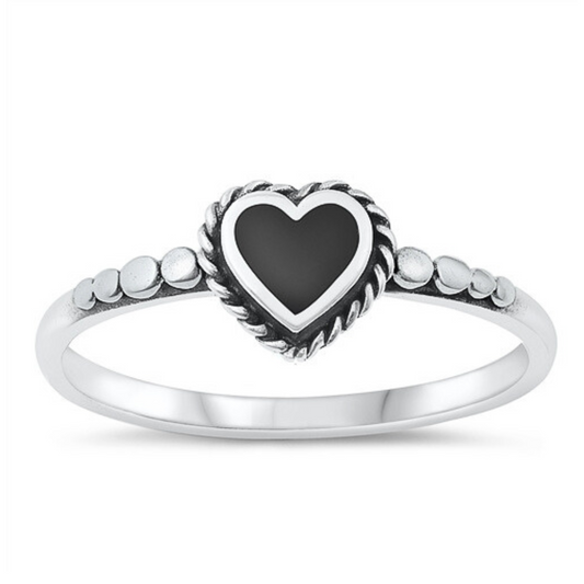 Small Black Onyx Heart Ring on a white background.