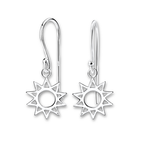 Sun French Wire Silver Earrings on a white background.