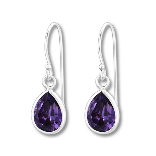 Teardrop Amethyst CZ Earrings on a white background.
