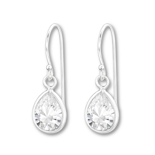 Teardrop Crystal CZ Earrings on a white background.