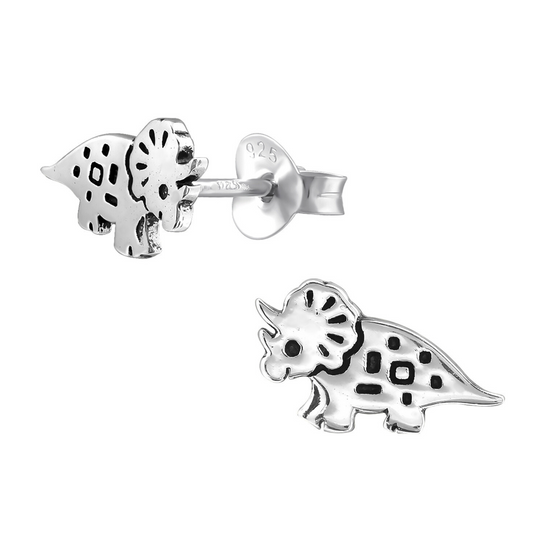 Tiny Triceratops Earrings on a white background.