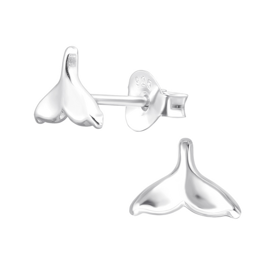 Tiny Whale Tail Earrings on a white background.