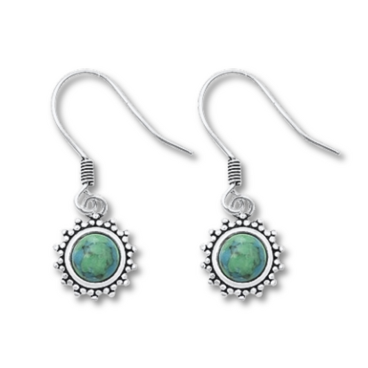 Turquoise Boho Silver Earrings on a white background.