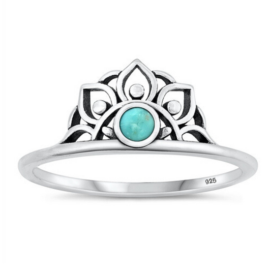 Turquoise Half Lotus Mandala Ring on a white background.