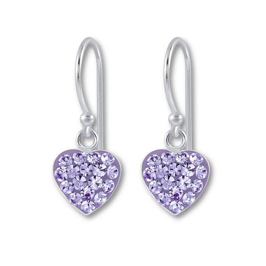 Violet CZ Pave Heart Earrings on a white background.