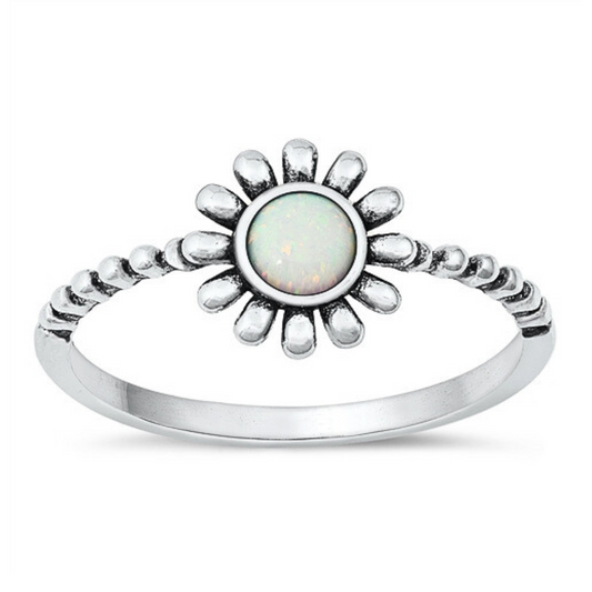 White Lab Opal Flower Ring on a white background.