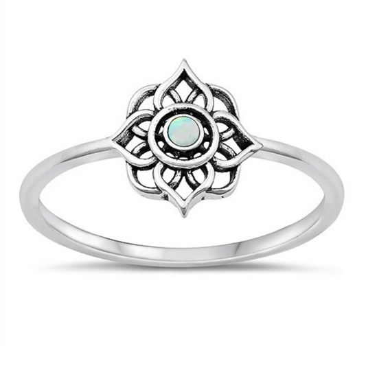 White Opal Mandala Ring on a white background.